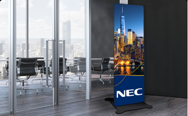 Display stand with AV screen in a hallway