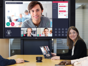 Employees on a video call in an office 