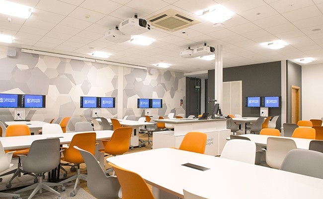 Seminar room with dual monitors