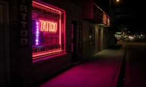 Tattoo shop with neon lights 